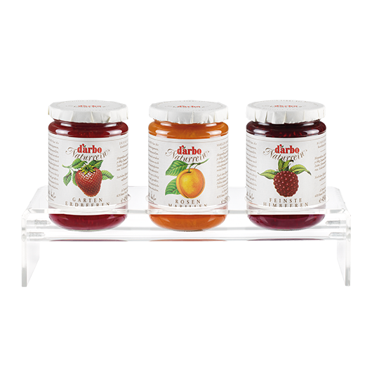 Transparent display stand for 3 x 450 g or 500 g jars
