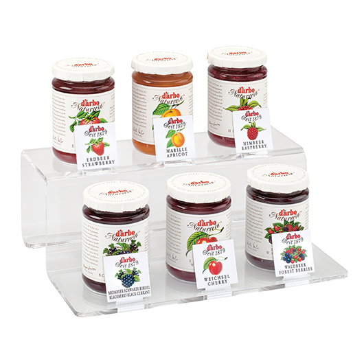 Transparent tiered display for 6 x 450 g or 500 g jars