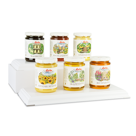 White tiered display for 6 x 450 g or 500 g jars – Darbo-Shop